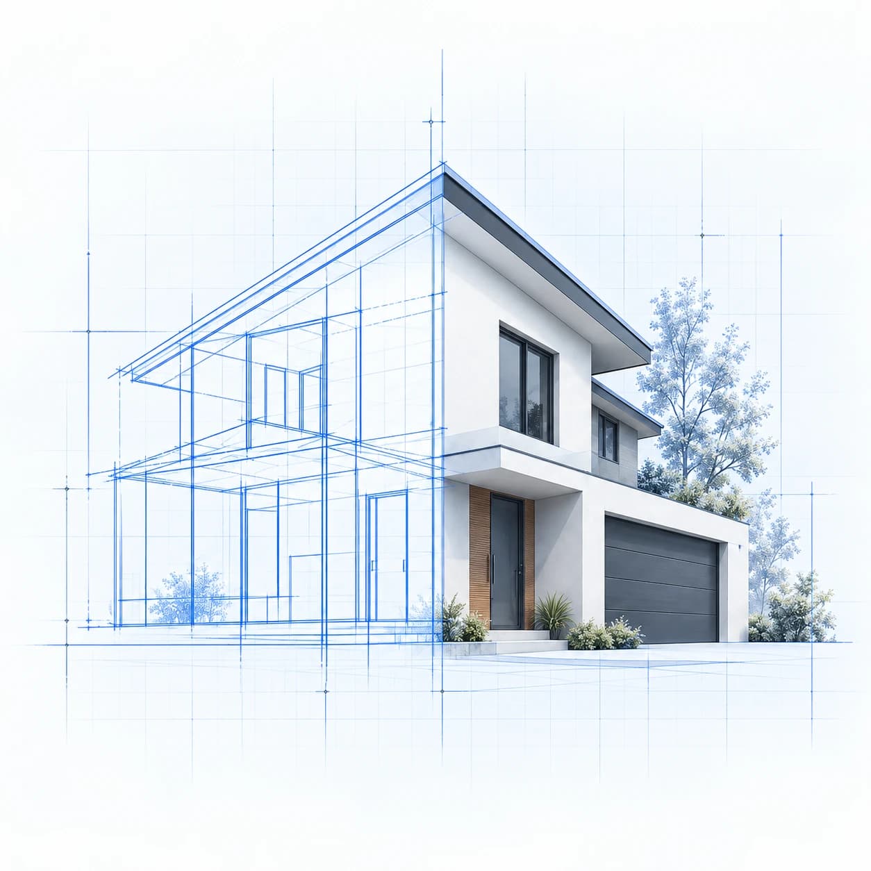 Illustration of a modern home, half architectural blueprint and half finished build