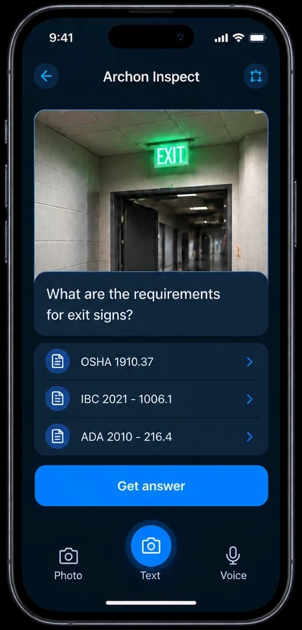 Archon Inspect mobile app answering a question about exit sign requirements