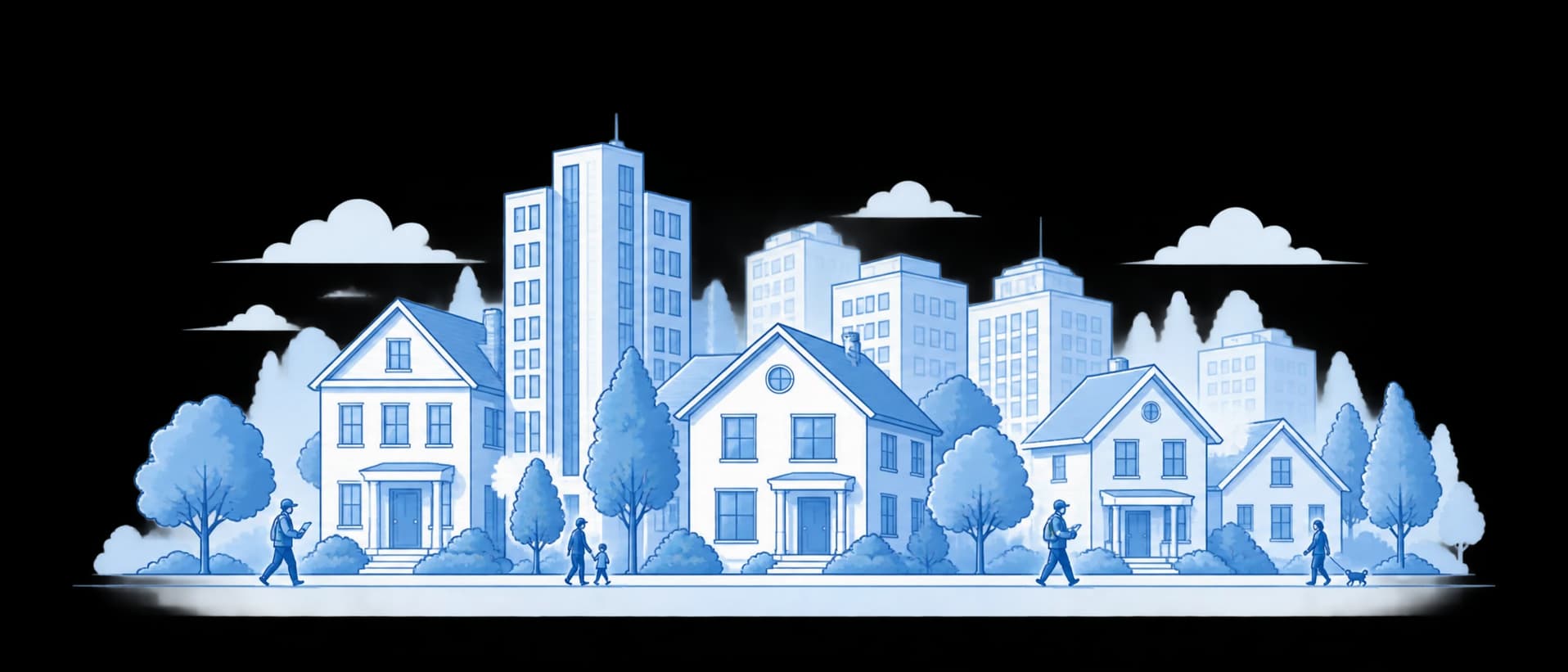 Illustration of a neighborhood of houses and apartment towers, with people walking along a tree-lined street